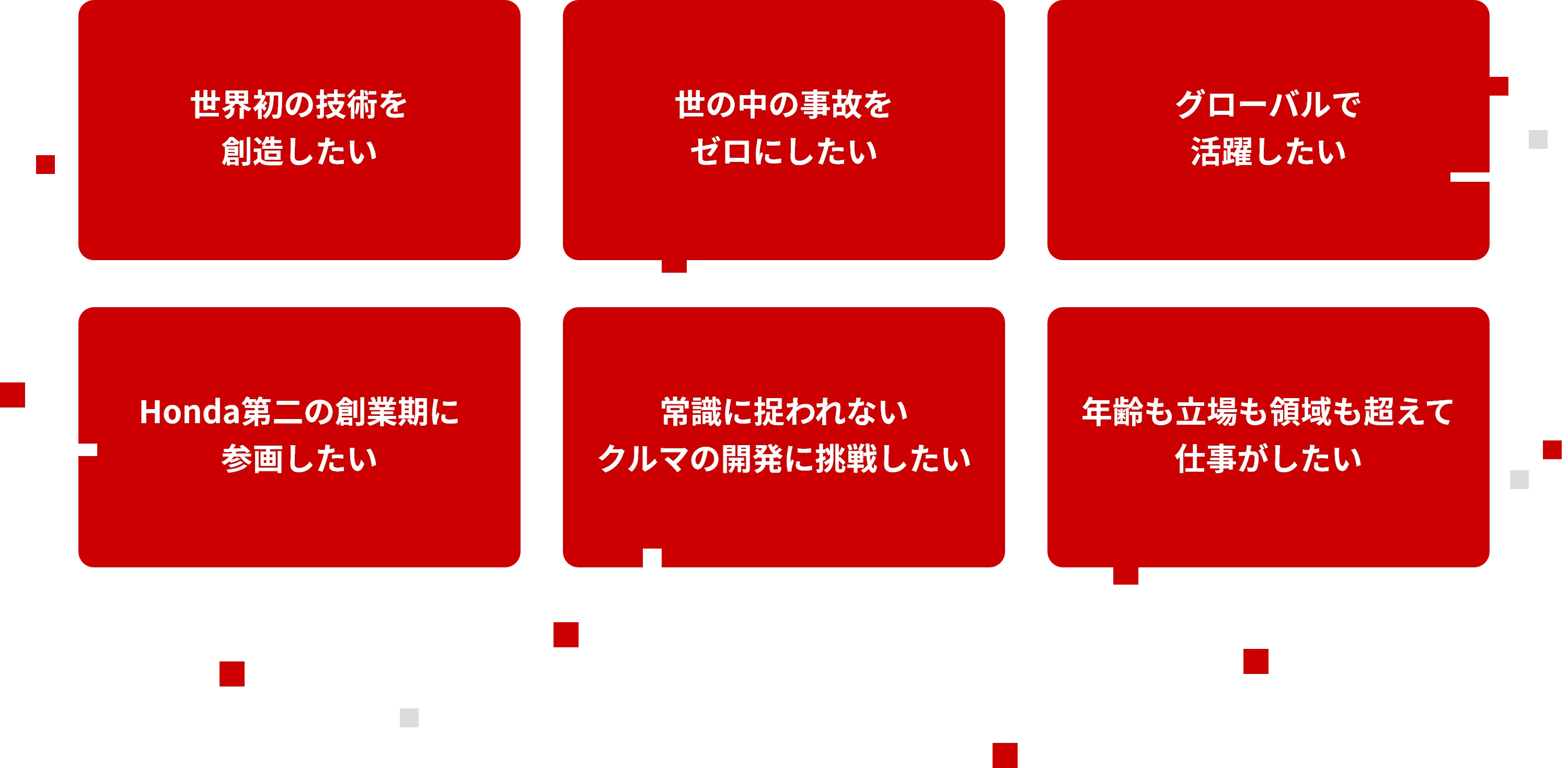 世界初の技術を創造したい/世の中の事故をゼロにしたい/グローバルで活躍したい/Honda第二の創業期に参画したい/常識に捉われないクルマの開発に挑戦したい/年齢も立場も領域も超えて仕事がしたい
